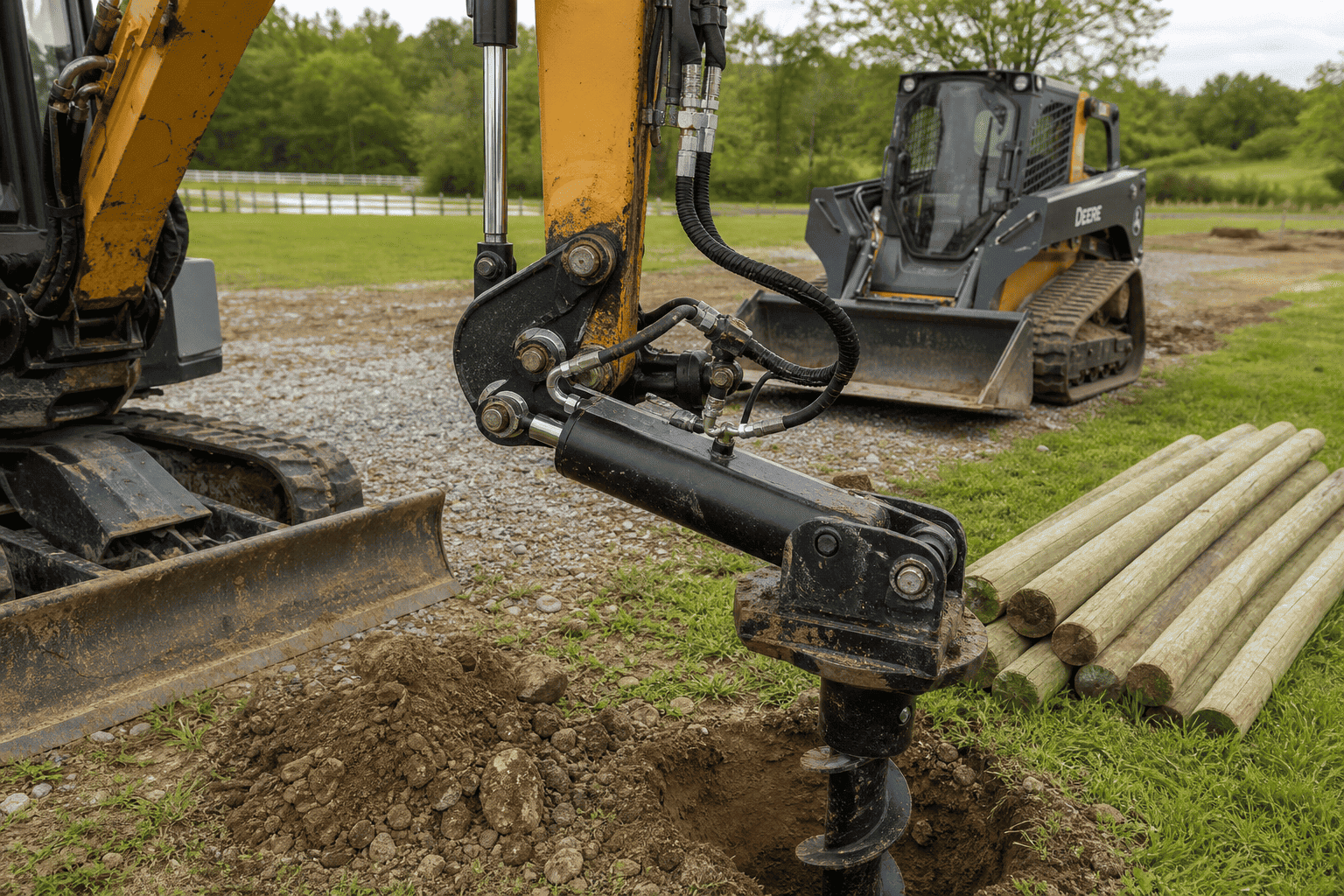 Welded rod hydraulic cylinder on compact excavator driving post hole auger for agricultural fencing